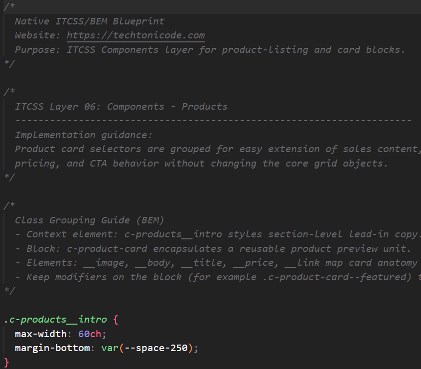 Screenshot of a CSS file showing implementation guidance comments and BEM naming conventions.